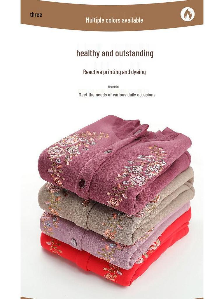 Women's Winter Fleece-Lined Cardigan and Sweater Set for Elderly