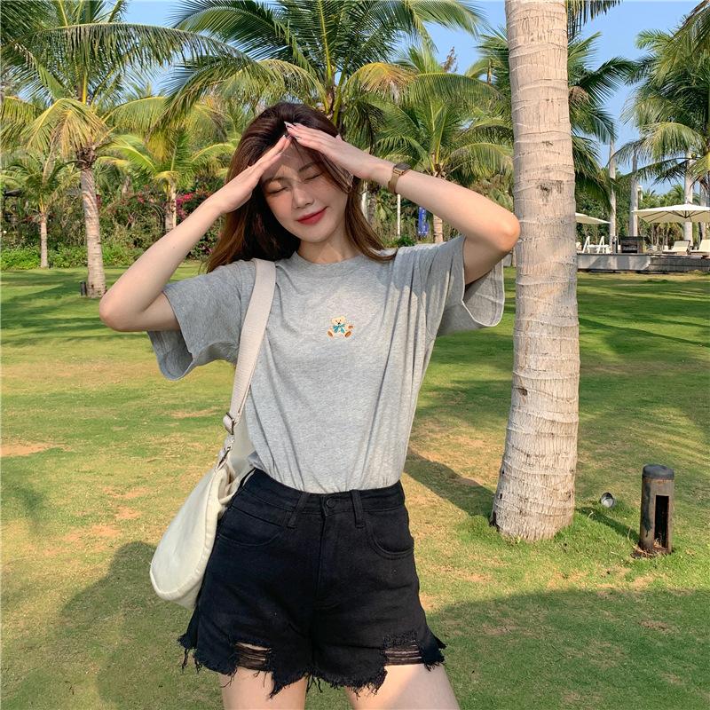 

Хлопковая вышитая летняя свободная футболка с короткими рукавами для студенток, повседневная корейская версия, простой женский топ для пары XL серый