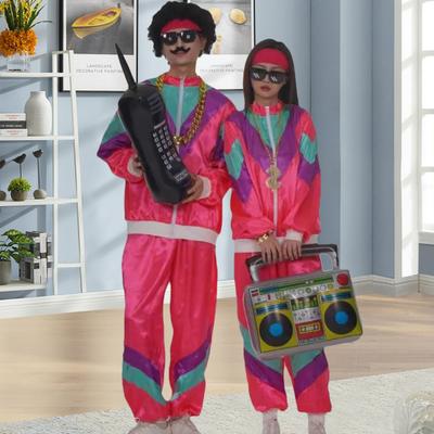 80s Women Tracksuit Set Retro Hip Hop Disco Outfit Color Block Jacket Elastic Waist Pants Set Casual Sportswear