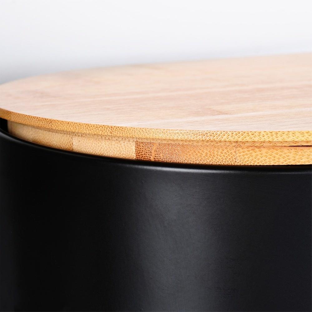 Steel bread bin with wooden board, black, 34x18.5x15.5 cm