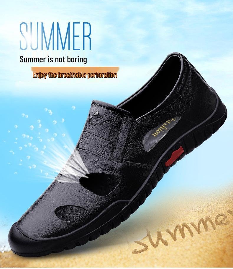 Men's Black Genuine Leather Breathable Slip-On Loafers