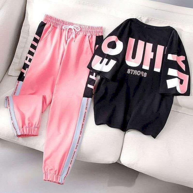 

Summer Women s Suits Two-piece Sports Suit Woman Tshirts Fashion Loose Casual Pants Two Piece Set Thin Clothing Women 2XL чорний