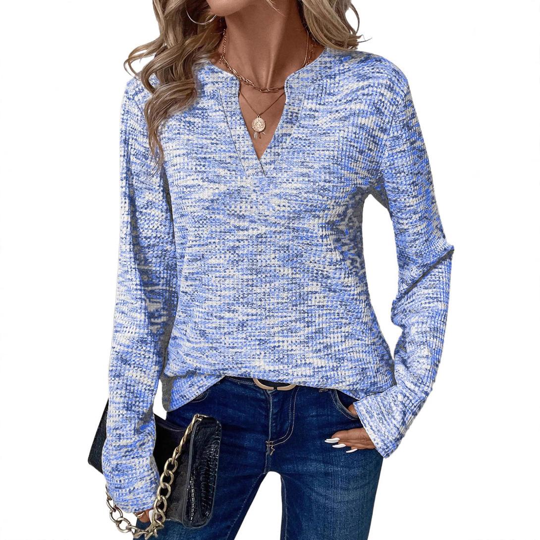 

Women s V-Neck Long Sleeve Knit Sweater in Blue and White Stripes S