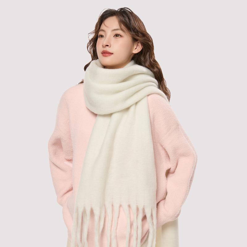 Winter New Mohair Women Scarf Girls Female Warm Thickened Solid Long Scarves Soft Coarse Braid Tassel Shawl Retro Wrap Shawls