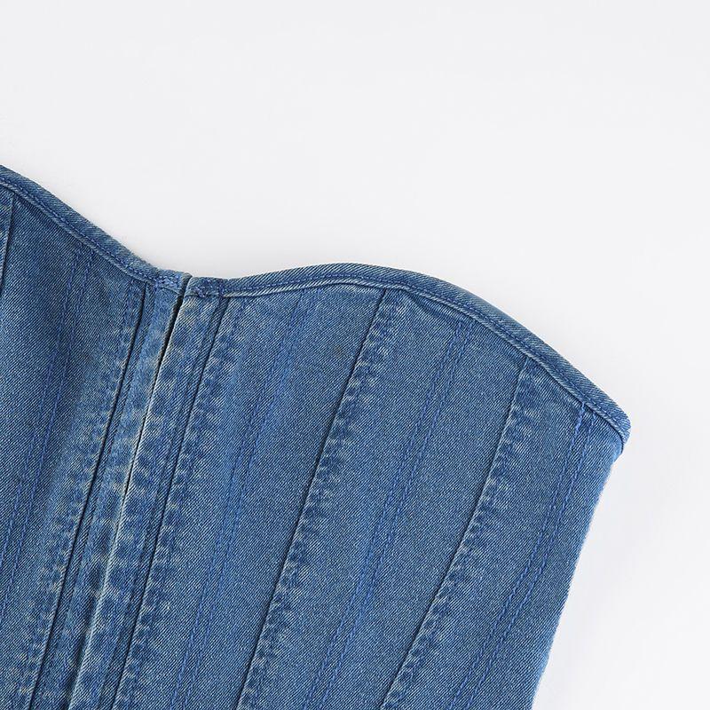 Vintage Hook Buckle Strapless Crop Tops Women Sexy Y2k Casual Slim Backless Denim Tanks Fashion Chic Lace-up Streetwear Beach Tees