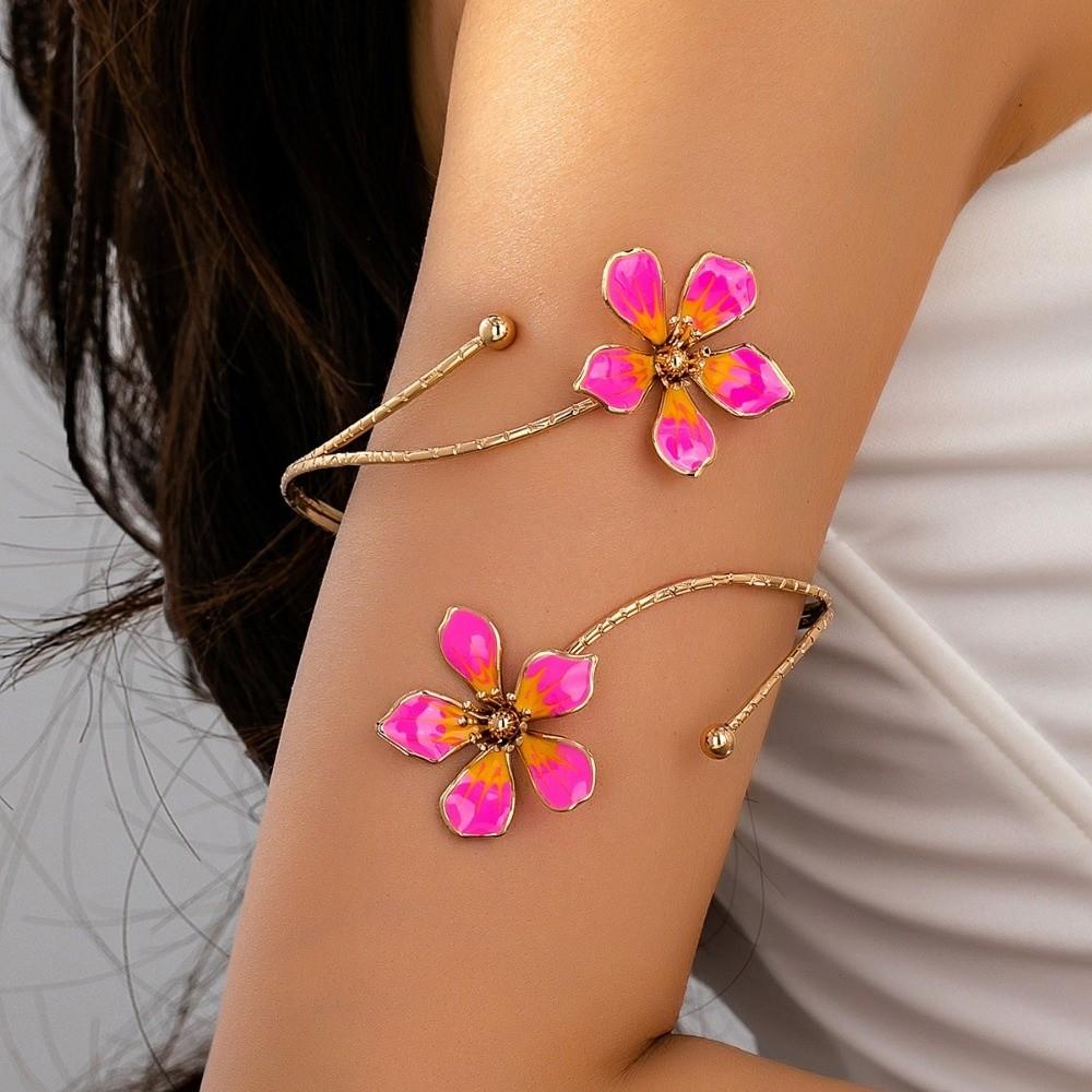 

Metal Open Arm Bracelets Enamel Drop Flower Floral Bangle Vintage Open Cuff Bracelets рожевий червоний колір