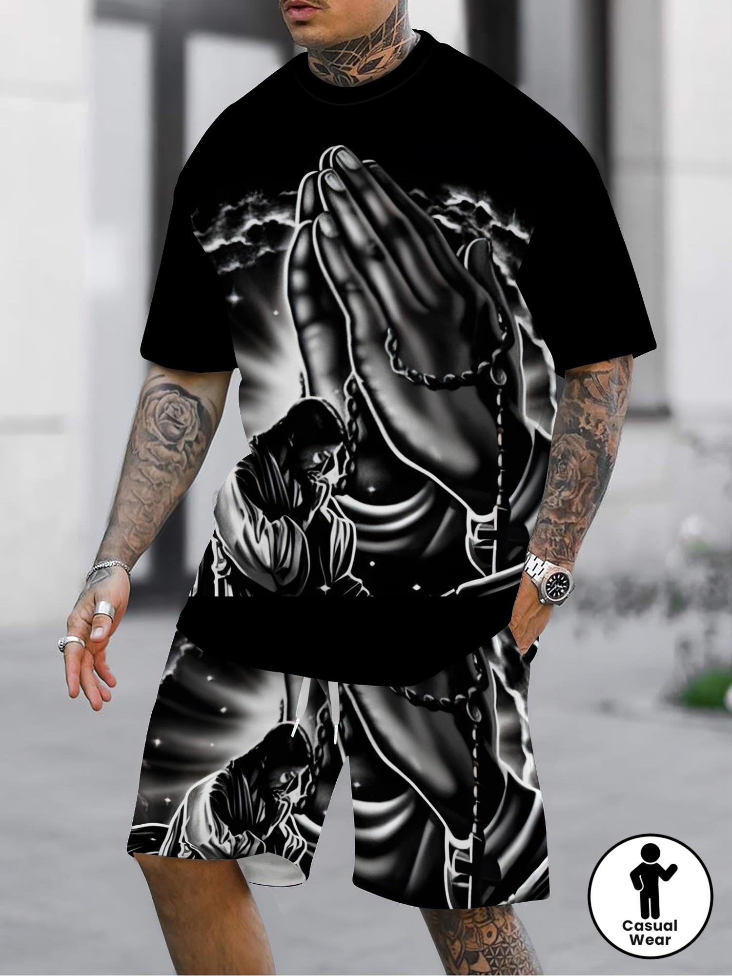 Summer Men Loose Streetwear Praying Hands Print Short Sleeve Set S