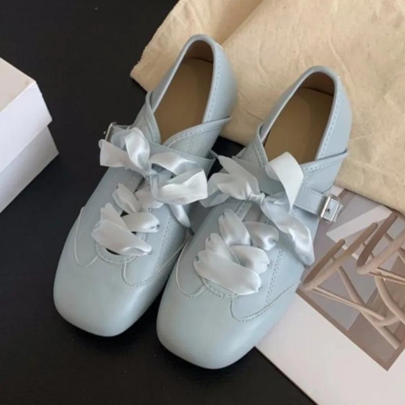 Fashion Square Toe Shallow Mouth Mary Janes Women's Inside Heightened Ribbon Bow Casual Soft Sole Non-Slip Flat Single