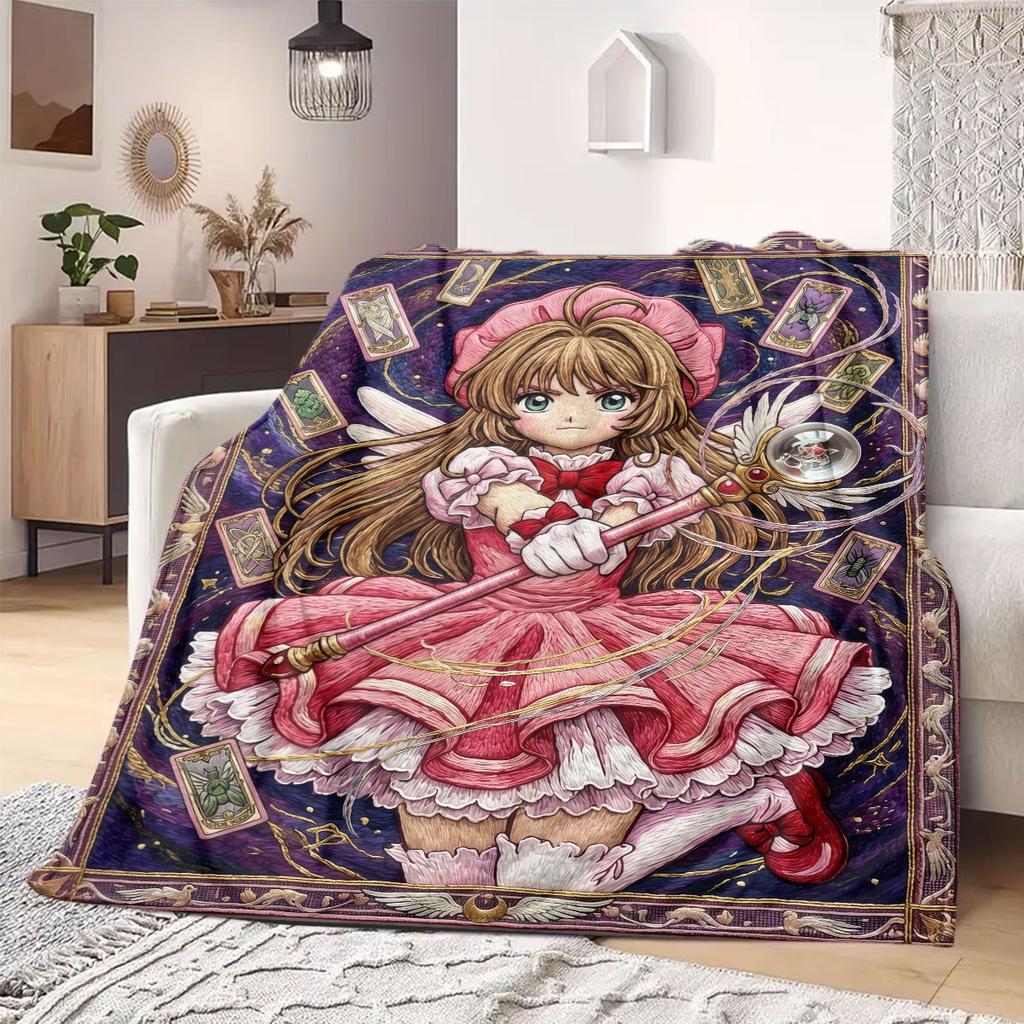 Cardcaptor Sakura Fancy Print Flannel Blanket, Cartoon Style for Bed Decor, Warm Home Essentials, Portable Picnic Blanket_LIAN