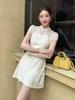 UONE2025 Summer Chinese Jacquard Cheongsam Dress with Frog Buttons and Hollow Waist Design
