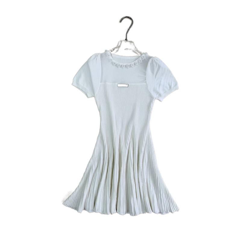 MIU Style 2026 Summer Diamond Flower Needlepoint Pullover Dress - Short Sleeve, Round Neck, High Quality