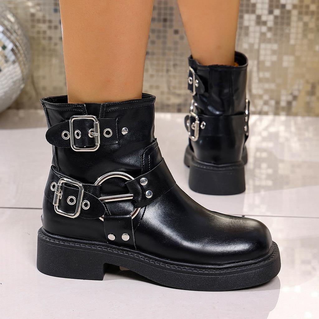 Punk Metal Belt Buckle Decoration Ankle Boots Women 2025 Autumn Medium Heel Slip On Western Booties Bohemia Brown Riding Boots