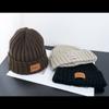 Vintage Leder Label Hut Damen Herbst Winter Caps Warm Pit Stripe Strickgarn Hüte