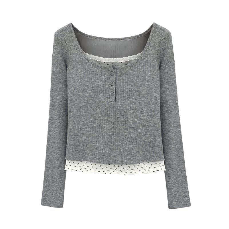 Pure Desire Lace Low-necked T-shirt Women's Early Spring Break Two Bm Floral Bottoming Shirt with Short Top Inside
