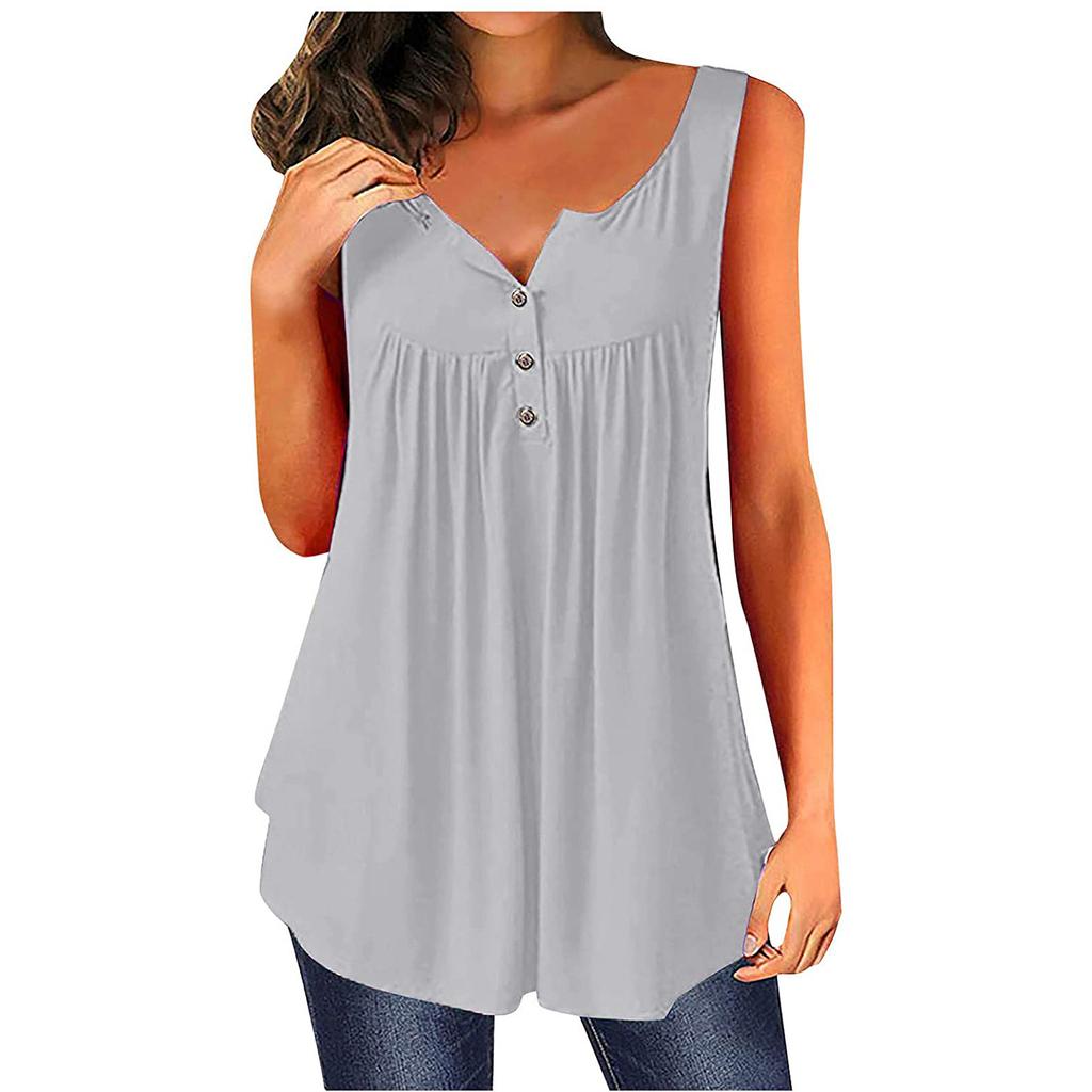 Womens Summer Sleeveless Solid Color Casual Swing Flowy Tank Tops With Buttons