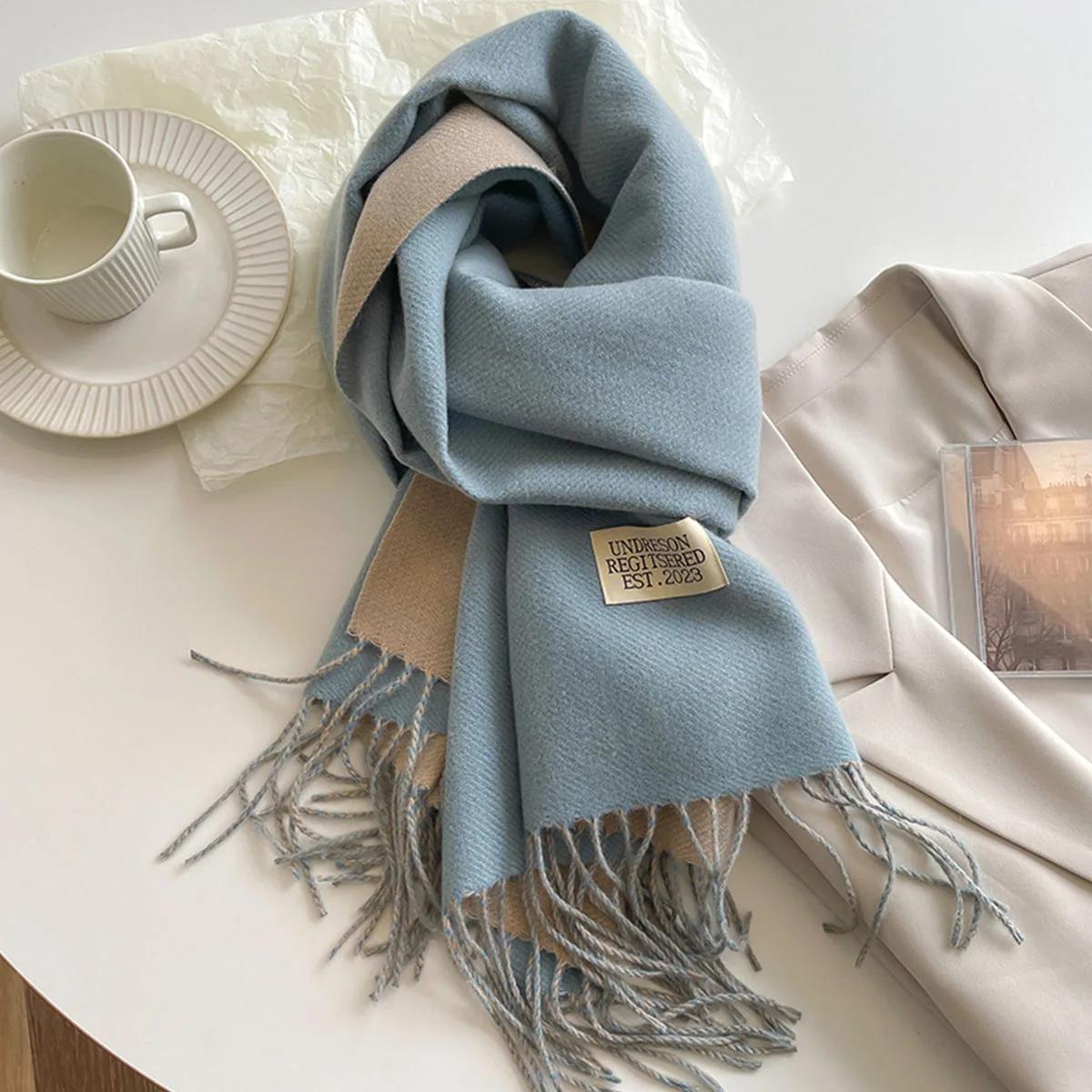 

Winter Cashmere Scarf Women Fashion Casual Solid Color Double Side Blue Green Shawl Wraps Blanket Thick Warm Pashmina