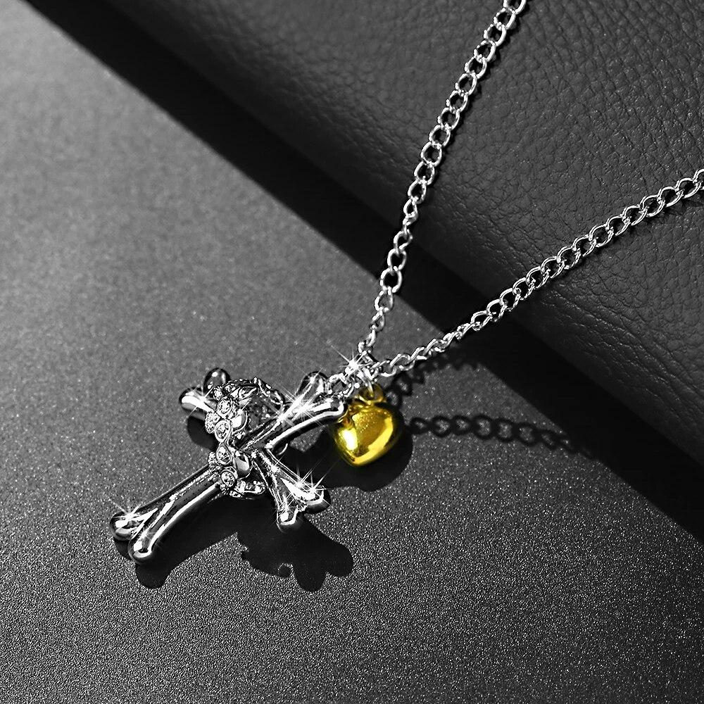 Gothic Pink Cross Necklace Y2K Purple Zircon Punk Pendant Necklace Grunge Heart Cross Necklace for Women Jewelry Accessories