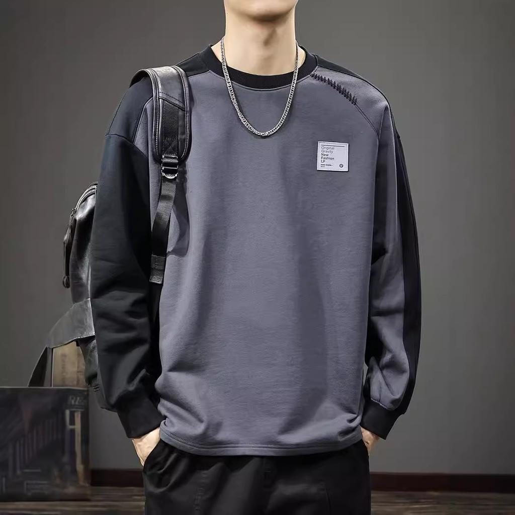 Autumn 40G Heavy Asymmetrical Splicing Contrasting Color Long-Sleeved T-Shirt Men'S American Casual Loose Large Size Pure Cotton Sweater