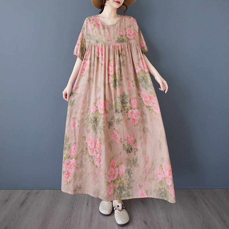 

Новое хлопковое винтажное платье с цветочным принтом больших размеров с коротким рукавом для женщин, повседневное свободное длинное летнее платье