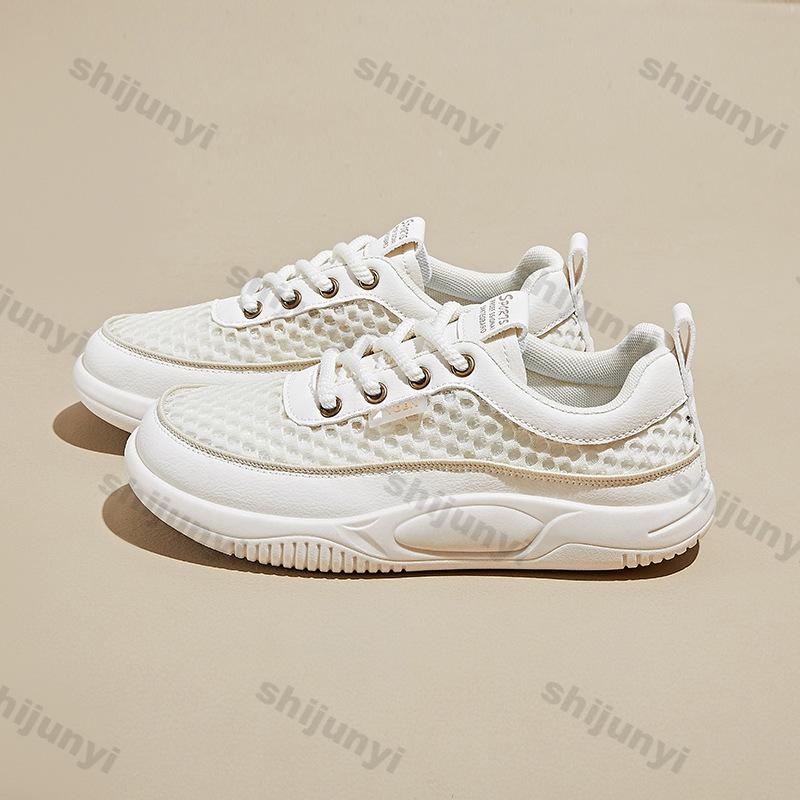 Fashion Women's White Sneakers 2025 Summer New Mesh Breathable Comfortable Outdoor Sports Shoes Fashion Lace Up Height Increase Flats