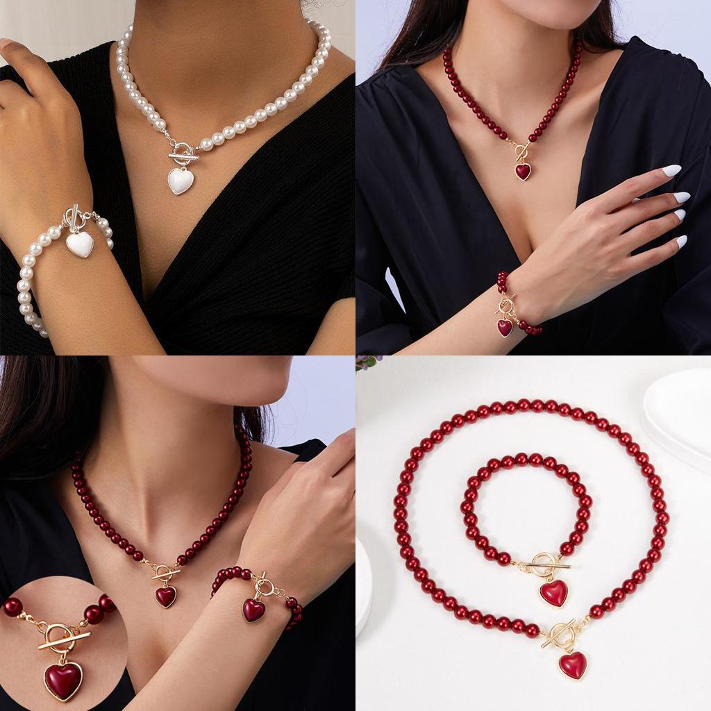 Heart Shaped Pearl Necklace And Bracelet Set For Women With Handcrafted Design For Fashionable Office Wear