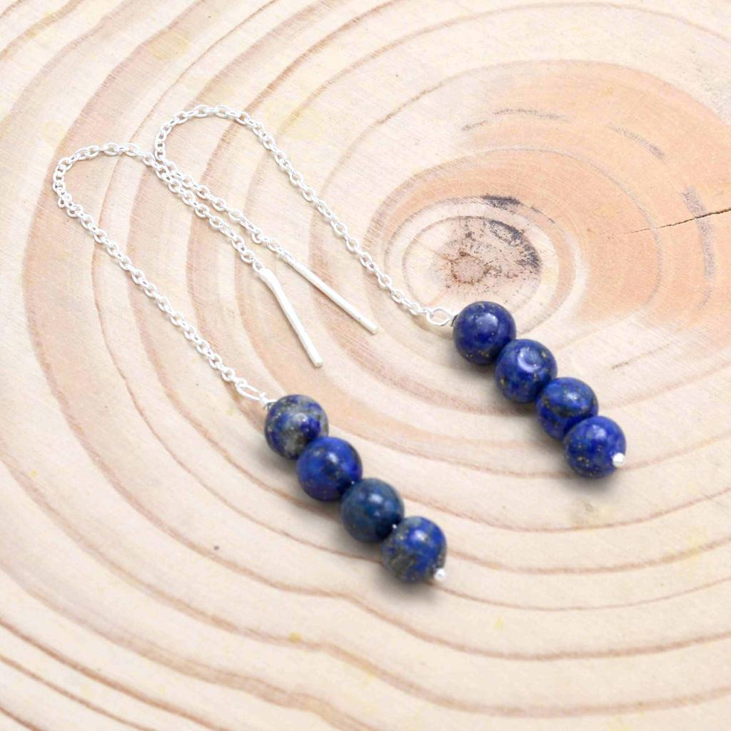 Lapis Lazuli 925 Silver Threader Earrings, Gemstone Women Handmade Fringe Earrings