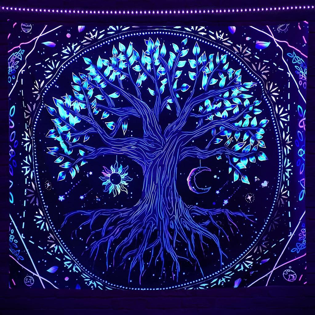 Tapeçaria fluorescente colorida psicodélica de luz negra da árvore da vida com resposta UV para pendurar na parede decoração de quarto hippie