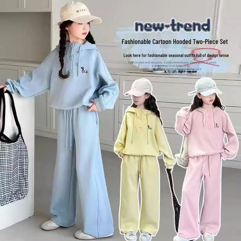 

Модный весенне-осенний костюм-двойка для девочек 2025: Комплект толстовки и брюк для больших детей 130cm розовый