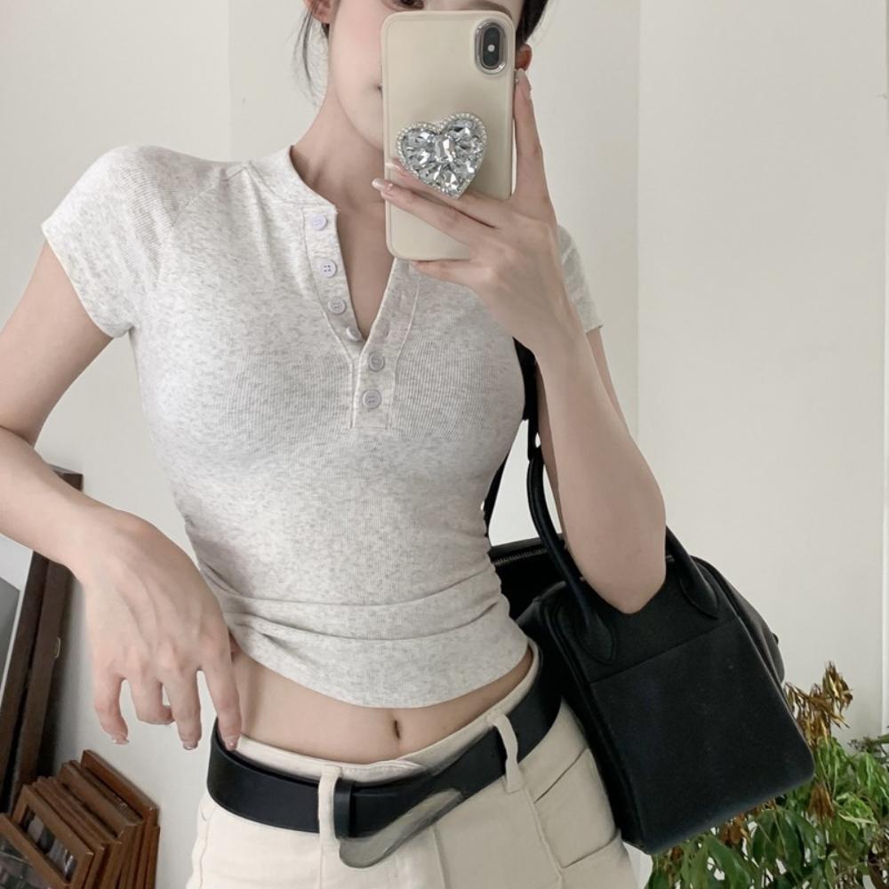 V Neck Button T Shirt Basic Short Sleeve Crop Top Women T-shirt Casual Tank Top Slim Female Crop Top Fashion Girl Tee Shirt Y2k Streetwear