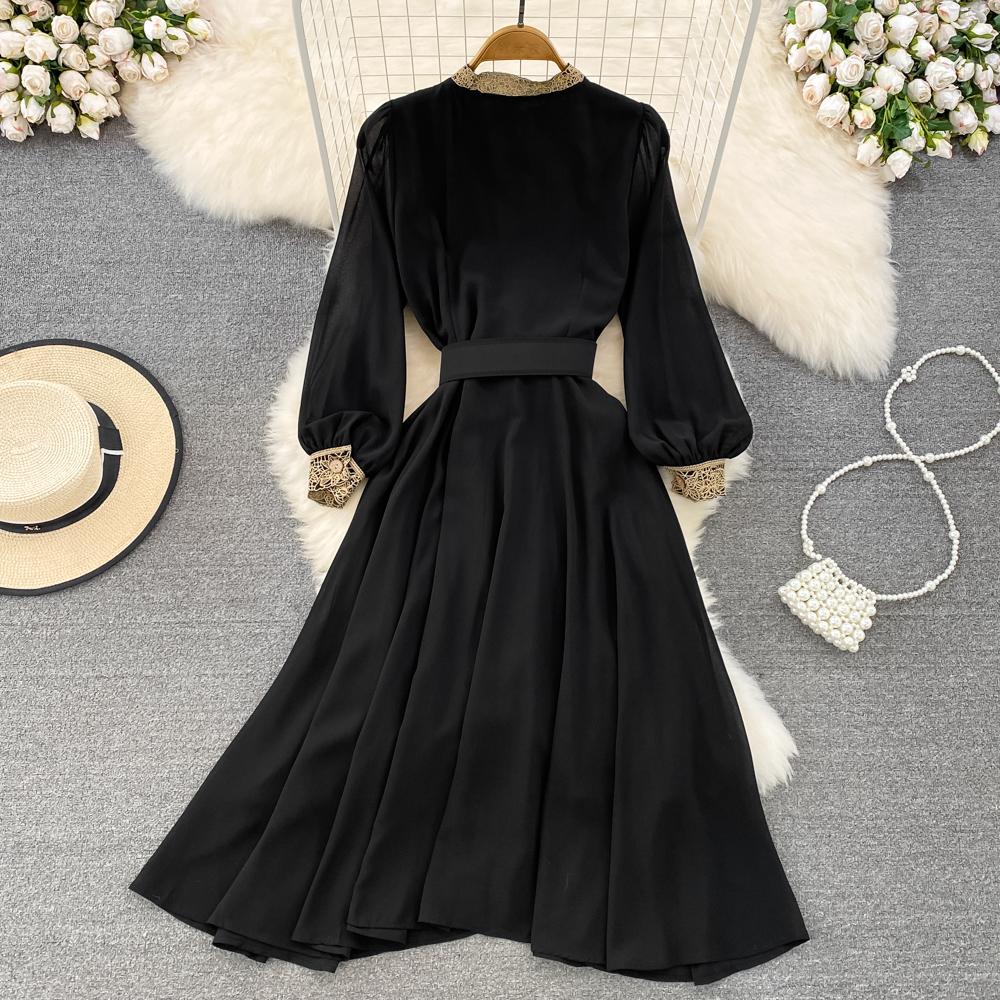 Abito da Donna Stile Dolce Maniche Lunghe Patchwork Ricamato Monopetto Vita Alta A-line Abiti Autunno 2023 Nuovi Abiti SN3859