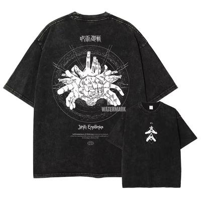 Jujutsu Kaisen Gewaschenes Sommer-T-Shirt, Vintage Distressed Anime Grafik Streetwear für Männer Frauen, Retro JJK Anime Tee