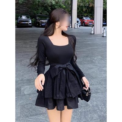Black Long-sleeved Dress Women's Spring and Autumn Temperament Princess Tutu Skirt Waist Small Short Skirt