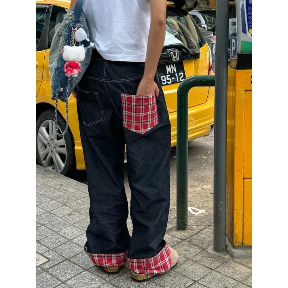 

RogueWave Американский Ретро Клетчатый Пэчворк Закатанный Край Женские Джинсы Хай Стрит Харадзюку Свободные Широкие Прямые Штанины Мужские и Женские Брюки S