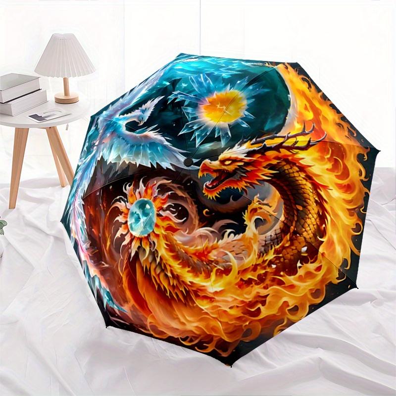 

1pc The Dance of Fire and Ice Dragons Pattern Automatic 3-Fold Umbrella, 8 Iron Frames, High-Value Folding Umbrella, Suitable for Office, Travel