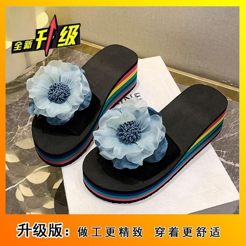 Fairy flower high-heeled one-word slippers 2025 summer wear fashion with skirt thick-bottomed slope heel beach cool slippers