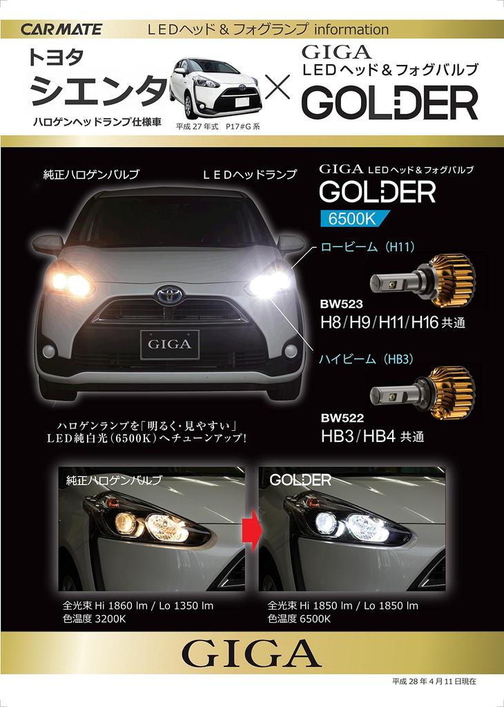 Carmate LED Scheinwerfer und Nebel GIGA Kompatibel mit Made in Fahrzeuguntersuchung BW523 Lichter, Golder, H8/H9/H11/H16, 6500K, 1850lm, Japan, Konform,