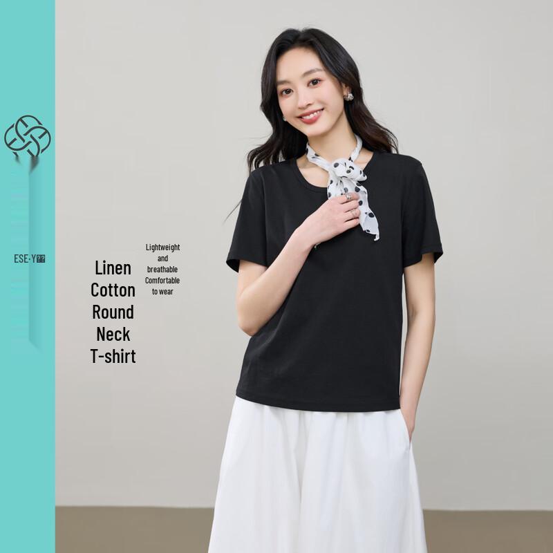 ESE-Y Women s Solid Color Linen Blend Crew Neck T-Shirt L