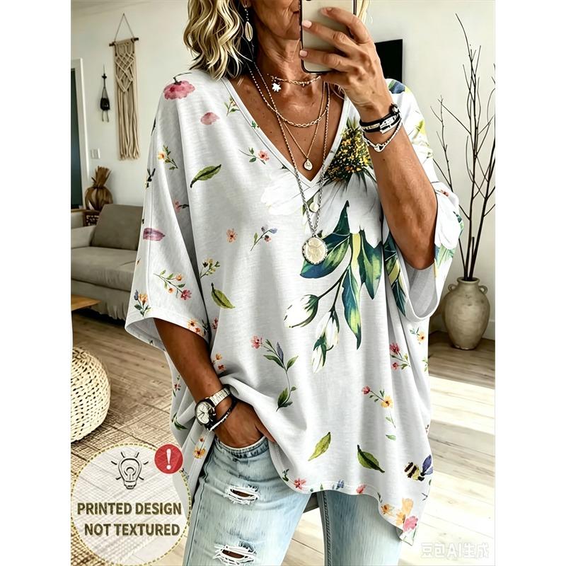 T-shirt da Donna Taglie Forti Scollo a V Maniche a Pipistrello Stampa Etnica Boemia Top Largo Estivo Comodo Traspirante Quotidiano Casual Stile Modellante