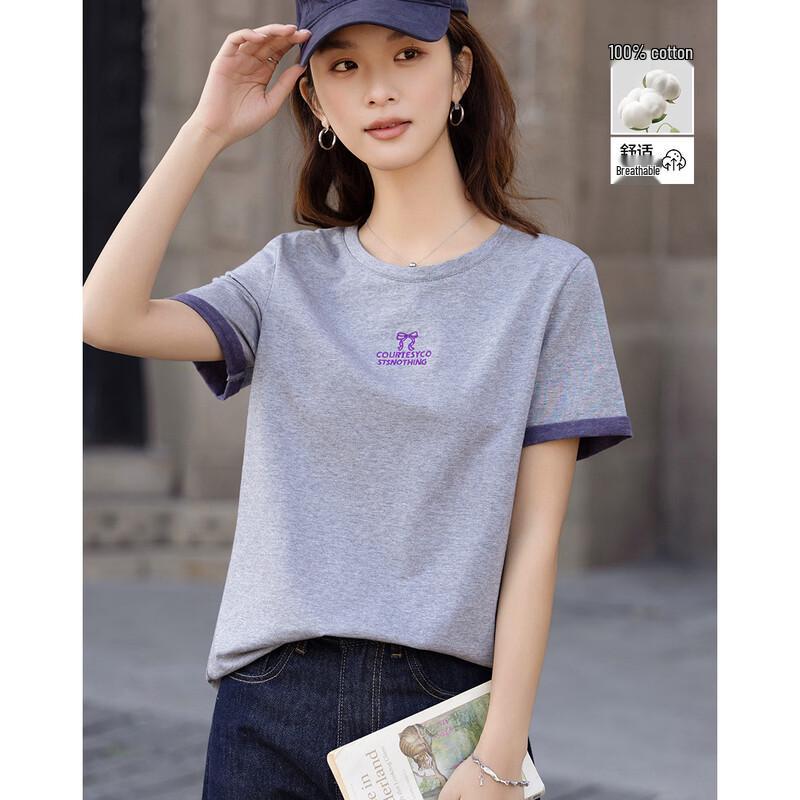 Women s Cotton Color-Block Embroidered Sequin Short Sleeve T-Shirt M