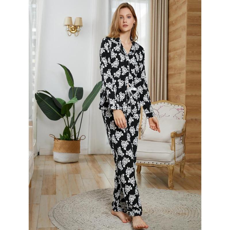 Women Leopard Print Long Sleeve Two Piece Open Front Pajama Loungewear Set
