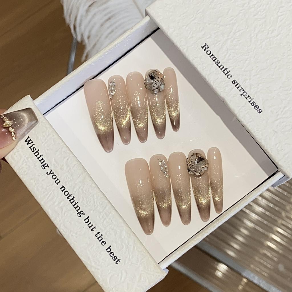 Handmade Nude Color Gradient Golden Cat's Eyes Wheat Ears Square Diamond Glitter Stars Can Be Detached