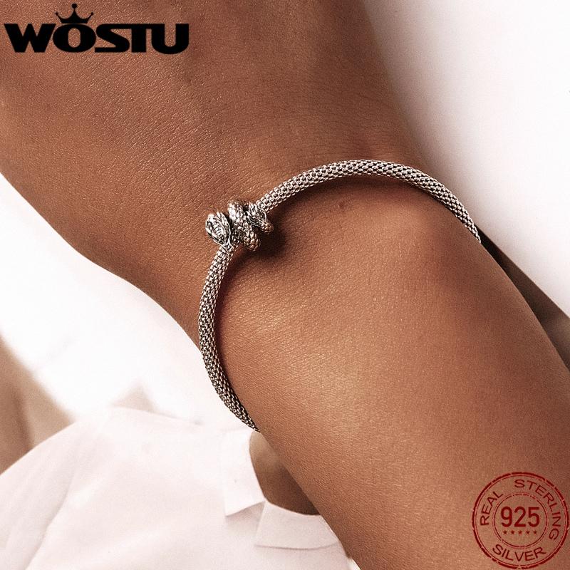 WOSTU 925 Sterling Silver Blue Snake Vintage Dragon Charm Bead Pendant Fit Original Bracelet Necklace For Women Jewelry CTC576