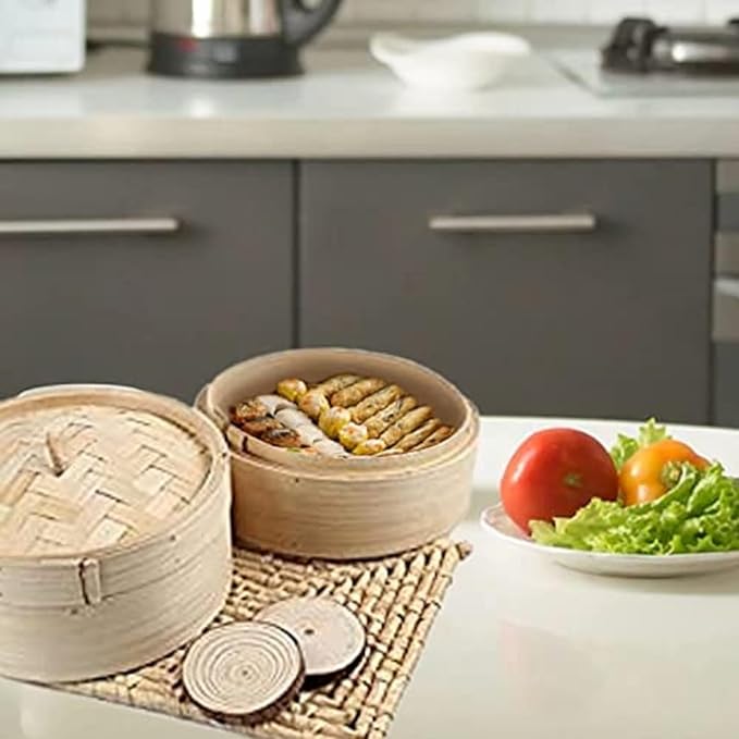 ABHAS® 8-Inch Handcrafted Bamboo Basket Steamer – Set of 2 | Multipurpose Wooden Basket for Momo, Dimsum, Vegetables & Fruits Storage