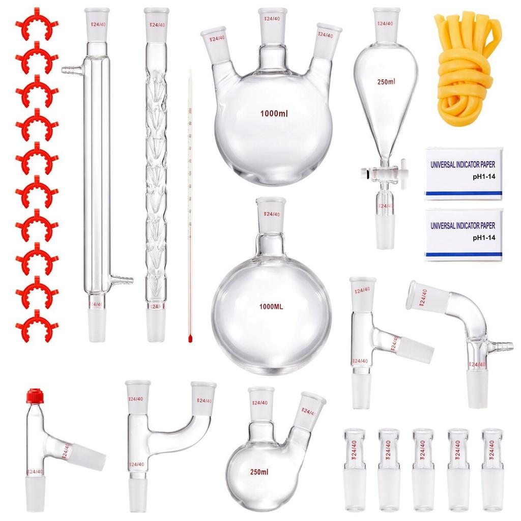 Lab Distillation Kit, 3.3 Boro Lab Glassware Distillation Kit with 24, 40 Joint, 1000ml Essential Oil Distillation Apparatus Kit, 29 Pcs Set of