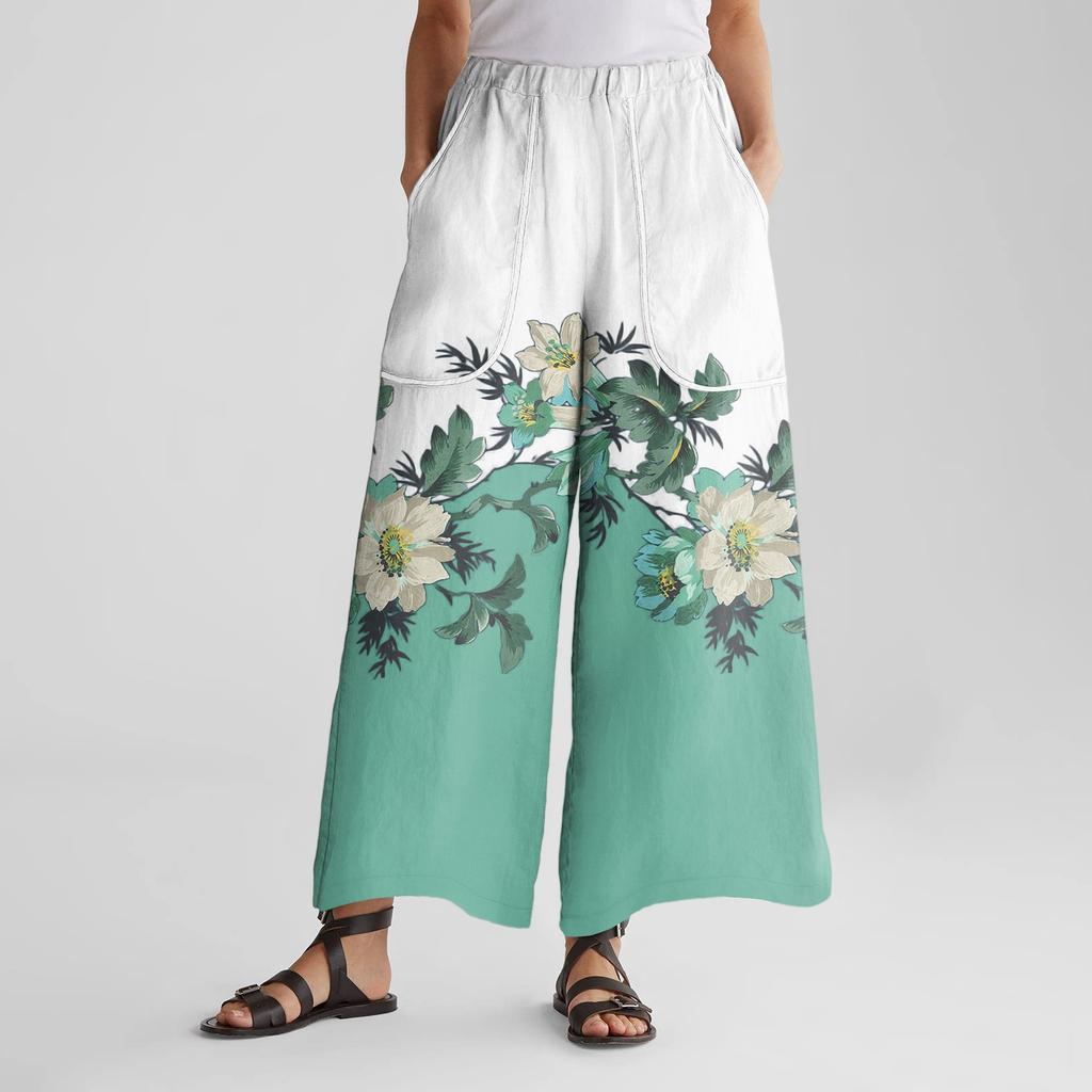 Women's Wide Leg Pants With Elastic Waistband, Retro Printed Large Pockets, Patchwork Loose Pants