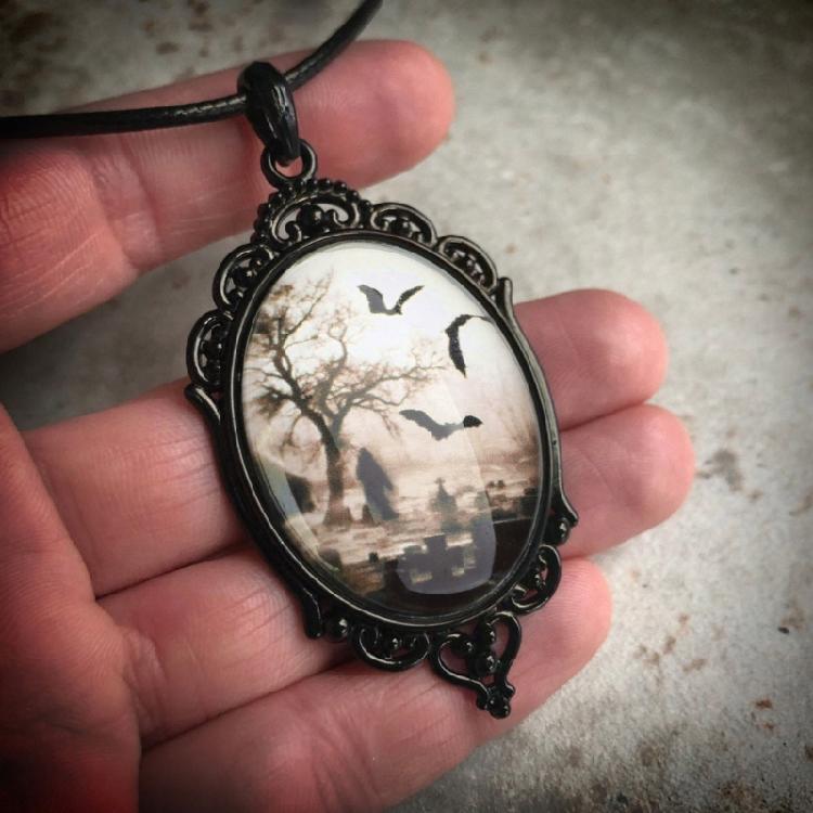 Vintage Bat Cemetery Glass Pendant Necklace Clavicle Chain Halloween Jewelry