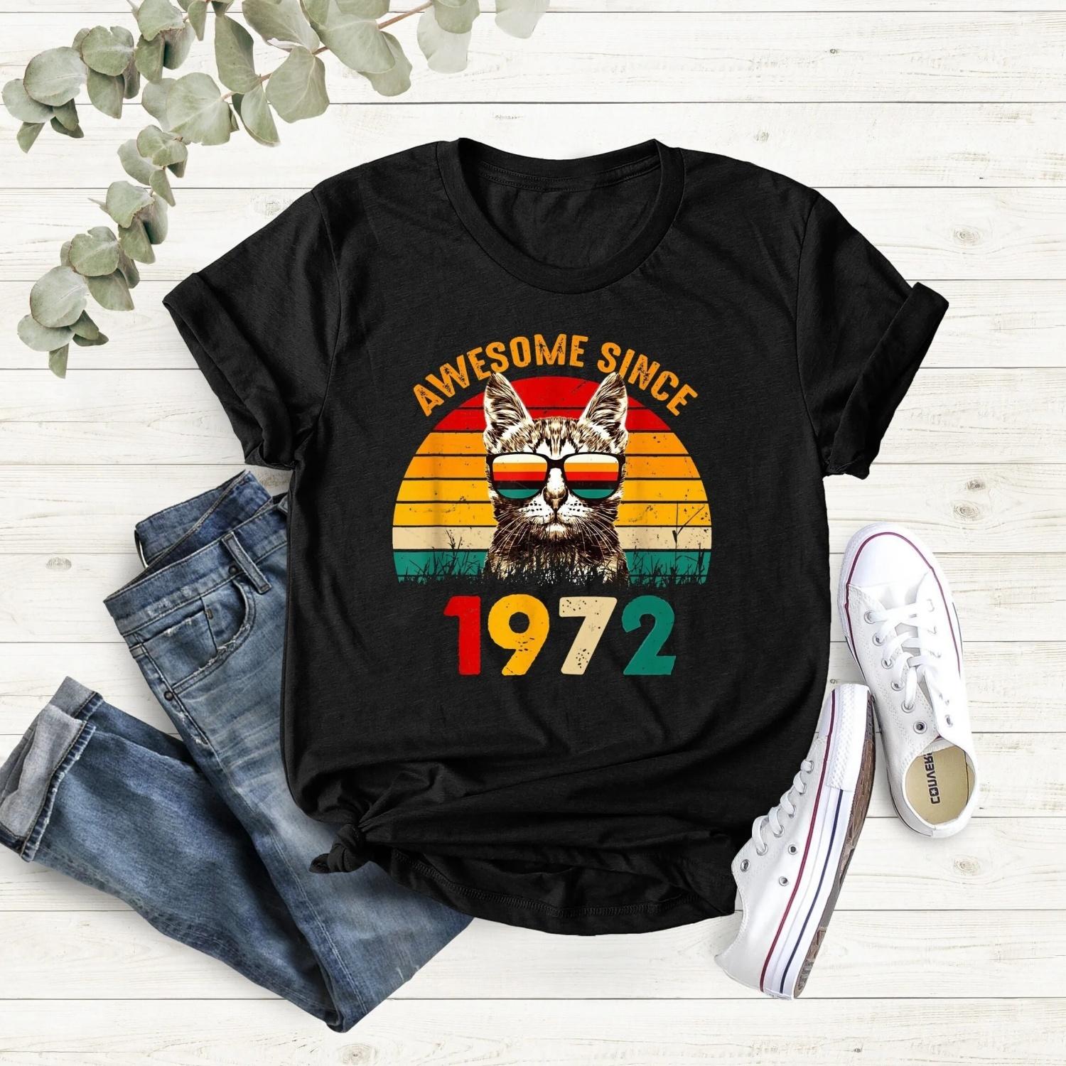 1972 Retro Cool CaT T Shirt Awesome Since 53rd Birthday For Men Classic Born In S чёрный