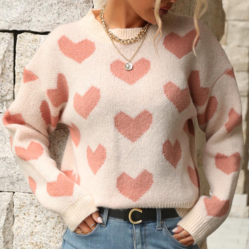 

YYFS женские модные повседневные свободные свитера с круглым вырезом и принтом любви, осень-зима с длинными рукавами L розовый