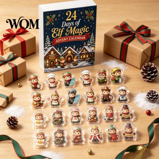 Surprise Daily Countdown Toys Magic Elf Advent Calendar, 24 Day Acrylic 2D Ornament Set with Durable Holiday Patches Cute Mini Figures, Christmas Tree