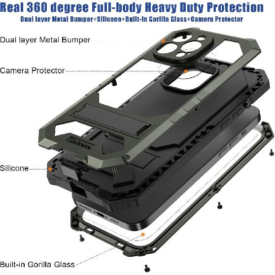 JGY iPhone 14 Pro Max IP68 Waterproof Case iPhone 14 Pro Max Military Metal Stand Case with Screen Protector Slim Full Cover Rugged Durable